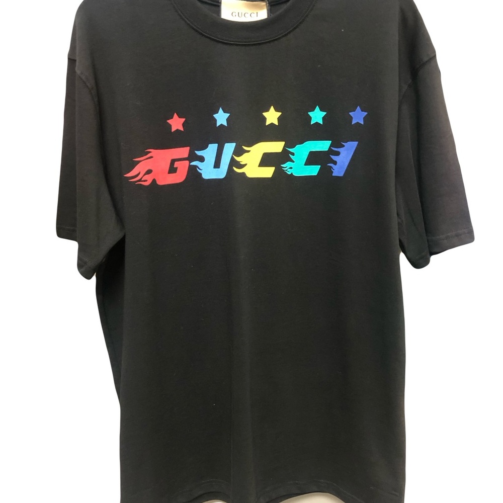 Gucci Black T‑Shirt with Rainbow Flame Logo